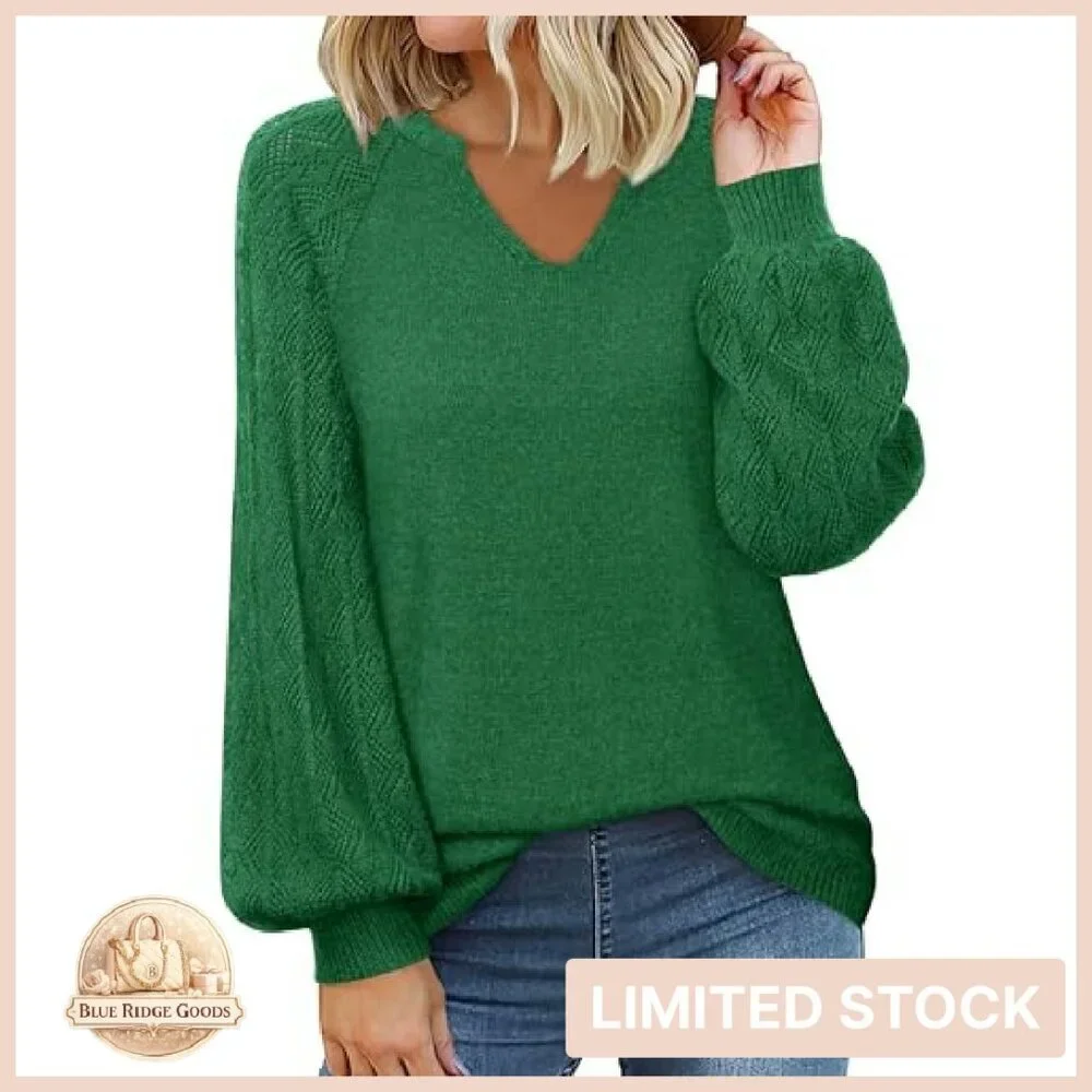Chunky Knit V-Neck Pullover Sweater Oversized Slouchy Chic Lantern Sleeves - Picture 2 of 8
